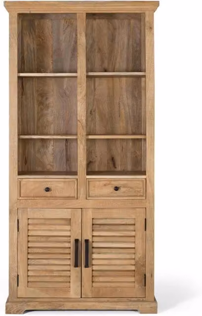 Libreria in legno di mango naturale marrone intagliata a mano con pannello posteriore