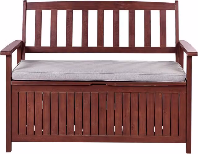 Panca da esterno con contenitore Beliani in legno di acacia rosso con cuscini grigi L: 120 cm, P: 60 cm, H: 45 cm