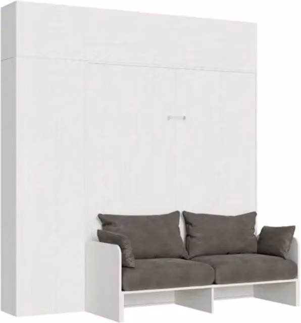 Letto matrimoniale a scomparsa Kentaro Itamoby con divano, armadio e comodino, bianco frassino e grigio, 160x190 cm