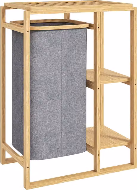 Cesto Portabiancheria HOMCOM in Bambù con Borsa Estraibile e Ripiani a Doghe, Grigio, L: 50 cm, P: 32 cm, H: 70 cm
