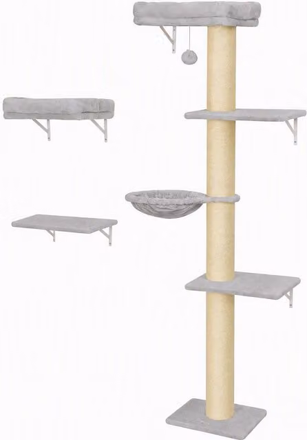 PawHut Set di 3 Pezzi Parete da Arrampicata per Gatti Grigio con Amaca, Tiragraffi in Sisal e Giochi Integrati
