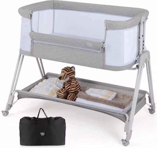 Lettino per neonati portatile e pieghevole DESIGN IN con ripiano laterale e materasso, culla regolabile a 7 altezze in tessuto e metallo, Grigio