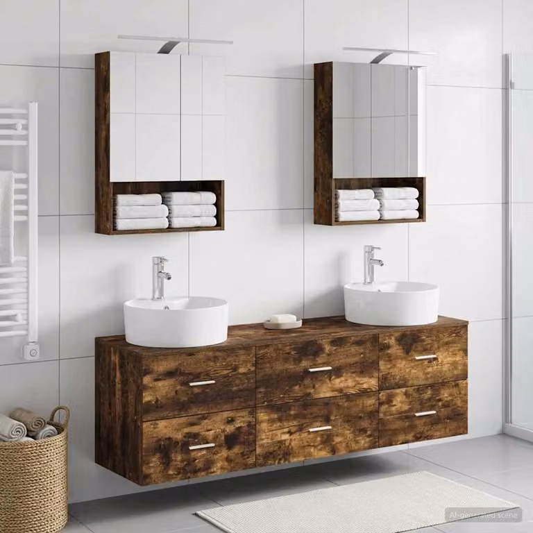 Set di mobili per il bagno moderno vidaXL in 5 pezzi color rovere fumo con illuminazione LED e specchio