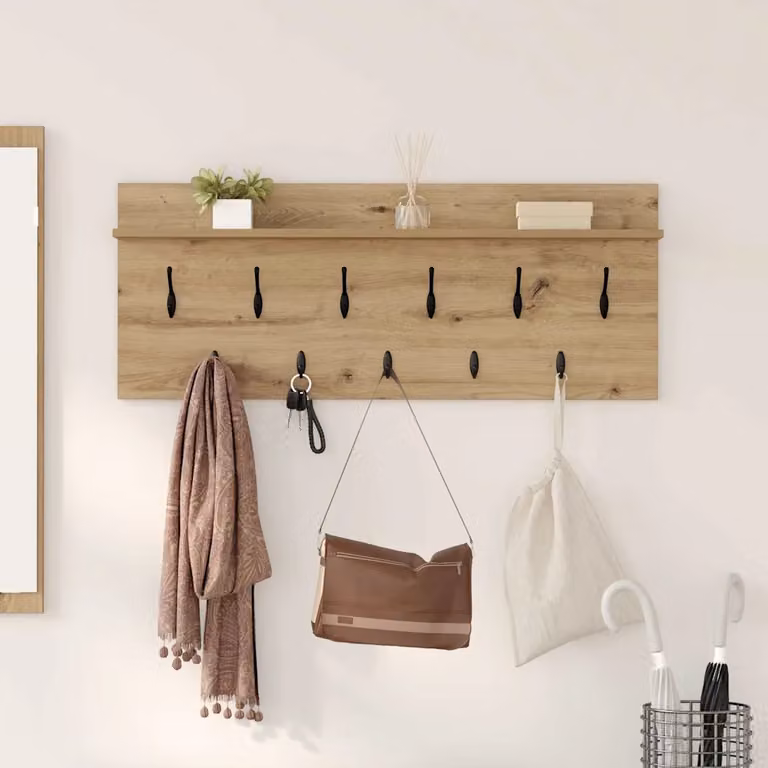 Appendiabiti a muro vidaXL in legno Rovere marrone con design minimalista e ganci distribuiti L: 100 cm, H: 40 cm, P: 8 cm