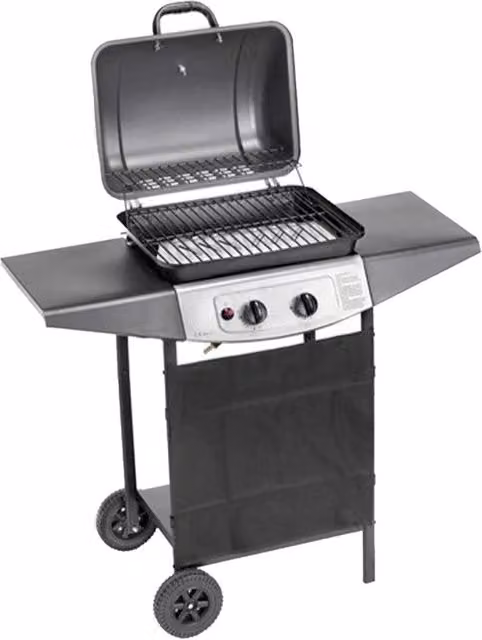 Barbecue a gas Ompagrill 4936 con cottura riflessa in pietra laviga e struttura in acciaio nero