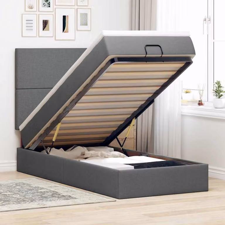 Letto con contenitore a sollevamento e materasso vidaXL in tessuto grigio e bianco, L/P/H: 180 x 200 x 80 cm