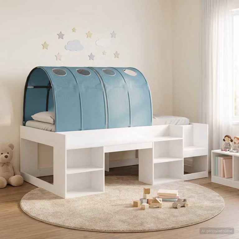 Letto alto singolo per bambini vidaXL con contenitore e scala, Bianco e Azzurro, L: 203 cm, P: 120 cm, H: 118,5 cm