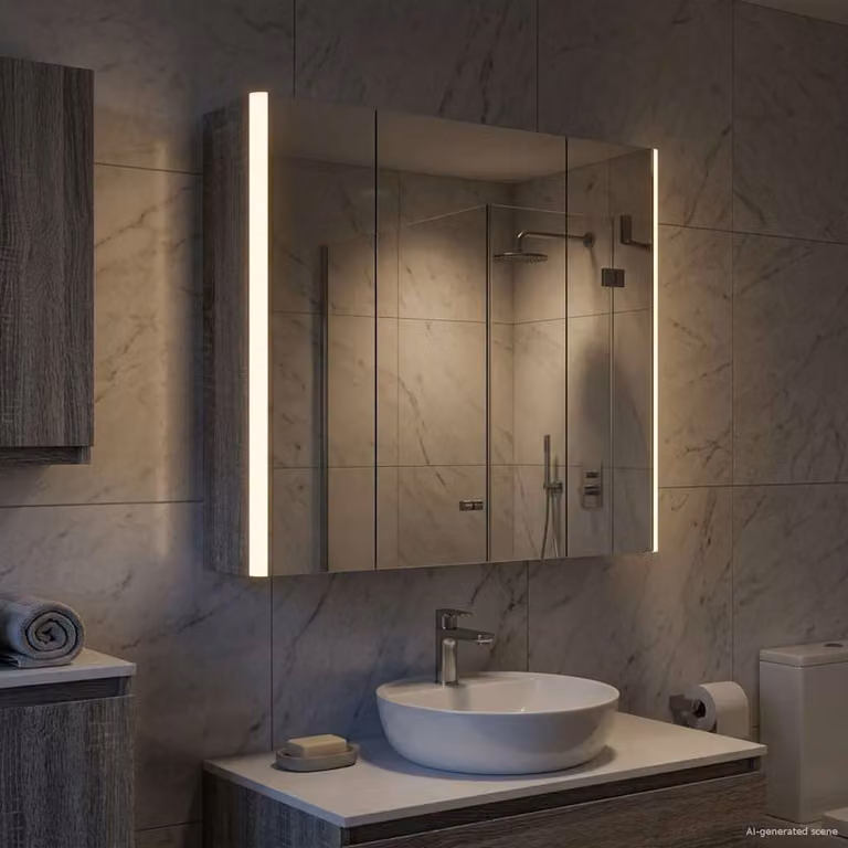 vidaXL Mobiletto per specchio da bagno moderno con illuminazione LED e ante in vetro, Grigio Sonoma, L: 60,5 cm, H: 63,5 cm, P: 15,5 cm