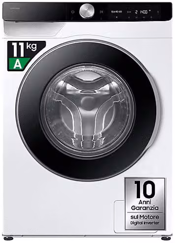 Lavatrice Samsung WW11DG6B85LKU3 a caricamento frontale, 11 kg, 1400 giri/min, Classe A, con EcoDosatore, AI Control e Wi-Fi, Bianco e Nero, L: 60 cm, P: 60 cm, H: 85 cm