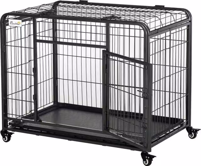 Gabbia per cani PawHut Aosom pieghevole con doppia porta, 4 ruote con freno e fondo rimovibile, L: 109,5 cm, P: 71 cm, H: 78 cm