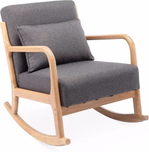 Poltrona a dondolo scandinava Sweeek in legno e tessuto grigio con braccioli