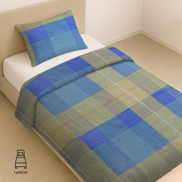 Parure copripiumino e federe singolo KASANOVA in cotone traspirante, fantasia quadri, blu e verde, 90x190 cm