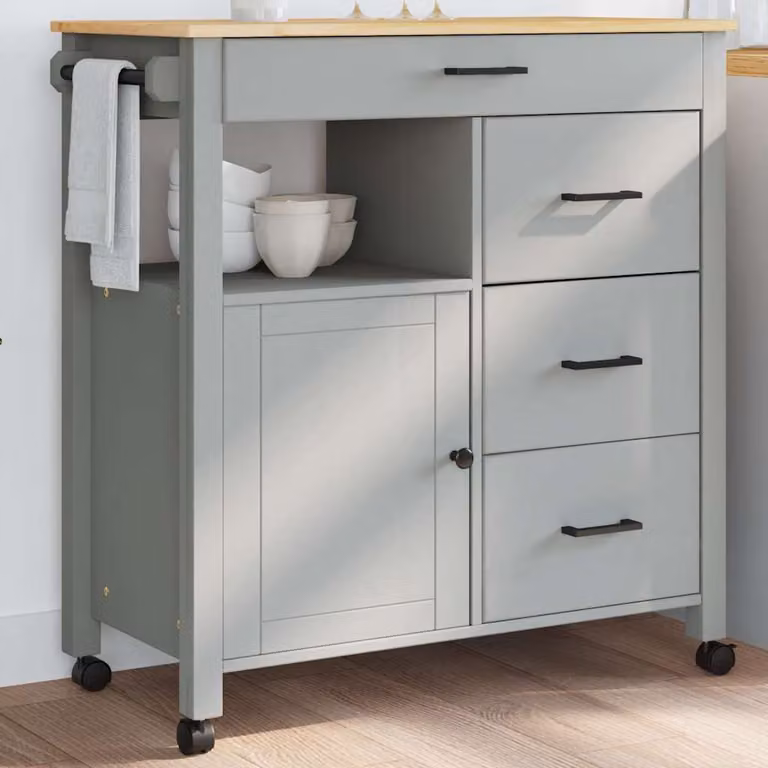 vidaXL Carrello da Cucina MONZA in Legno di Pino Grigio con Ruote L/P/H: 84 x 40 x 88,5 cm