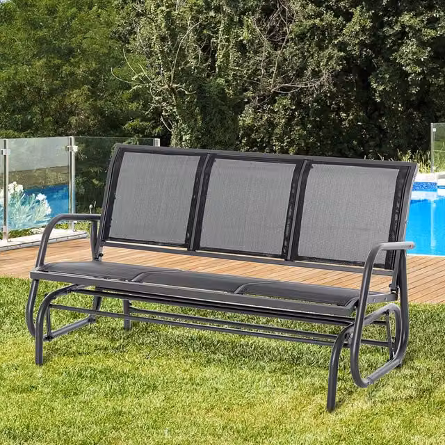 Panca a dondolo da giardino WISHDOR a 3 posti in metallo nero con braccioli L: 147 cm, P: 75 cm, H: 85 cm