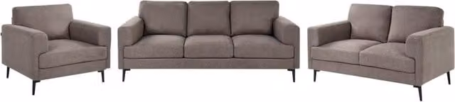 Set da salotto Beliani IT in stile Mid Century con divano a 3 posti, divano a 2 posti e poltrona, rivestimento in tessuto marrone e gambe in metallo nero