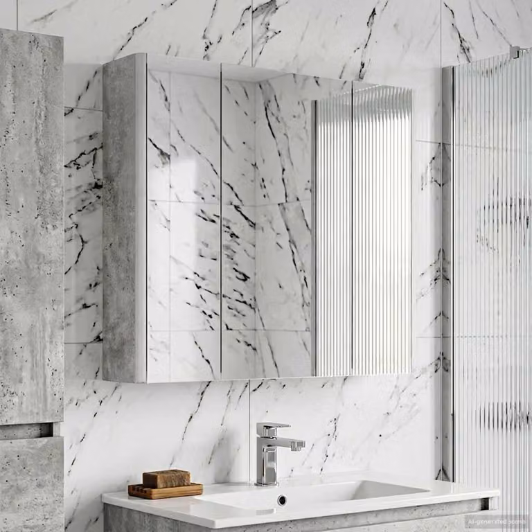 Mobiletto per specchio da bagno vidaXL con illuminazione LED integrata, ante a battente con specchio e ripiani interni, Grigio cemento, L: 60,5 cm, H: 63,5 cm, P: 15,5 cm