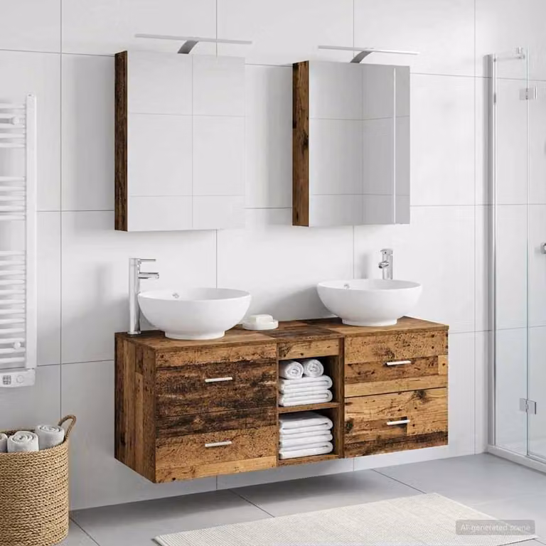 Set di mobili per il bagno moderno vidaXL in legno e vetro marrone con armadietto a specchio, pensile e mobile lavabo con illuminazione LED