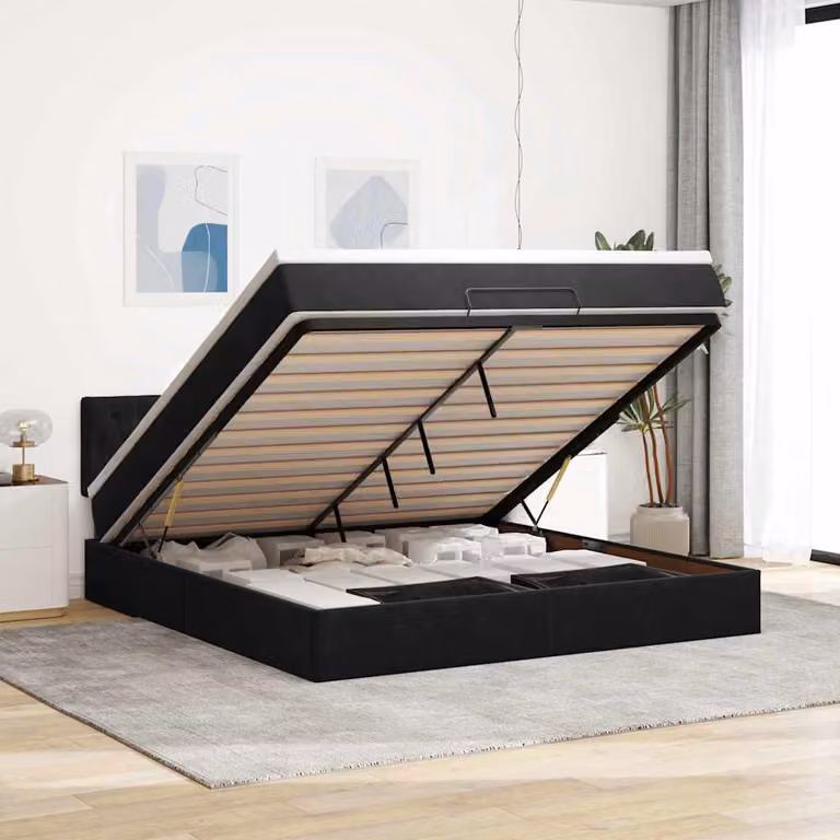 vidaXL Struttura Letto con Pouf e Materasso in Velluto Nero L: 160 cm, P: 200 cm, H: 203 cm