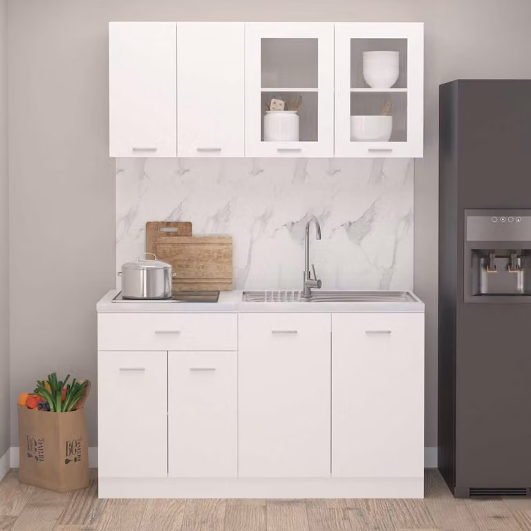 Set di 4 armadi da cucina moderni vidaXL Lyon bianchi con ante in vetro e struttura in legno e MDF da appendere al muro