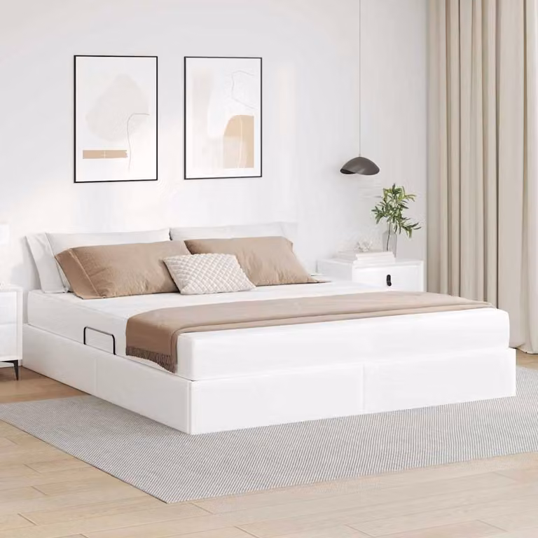 Letto con contenitore e materasso ibrido vidaXL in ecopelle bianca, L/P/H: 160 x 200 x 43,5 cm