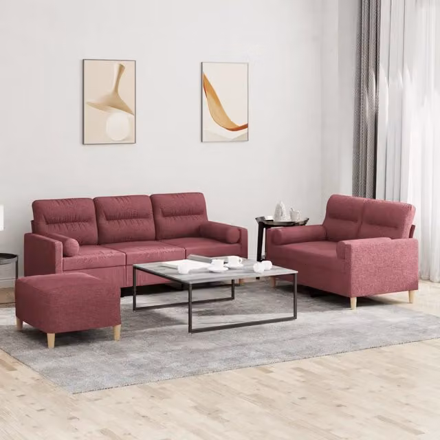 vidaXL Set di Divani 3 Pezzi Moderno in Tessuto Rosso con Cuscini e Pouf