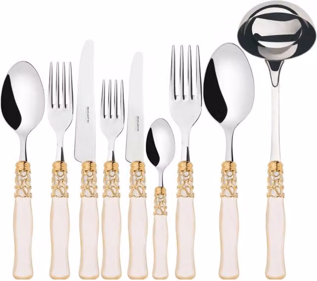 Set di posate Casa Bugatti Selene da 75 pezzi in acciaio inossidabile con scatola Gallery, colore avorio e dettagli oro