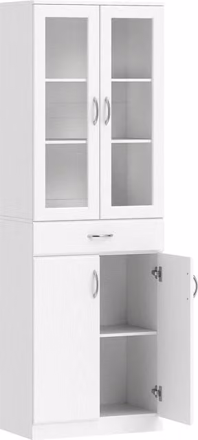 Credenza da cucina HOMCOM bianca con ante in vetro, 2 armadietti e un cassetto, L: 60 cm, P: 35 cm, H: 180 cm