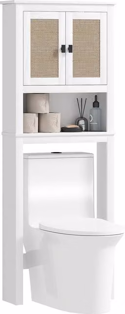 Mobile sopra inodoro HOMCOM in stile boho con ante in rattan e ripiani regolabili, Bianco, L: 60 cm, P: 19,5 cm, H: 160 cm