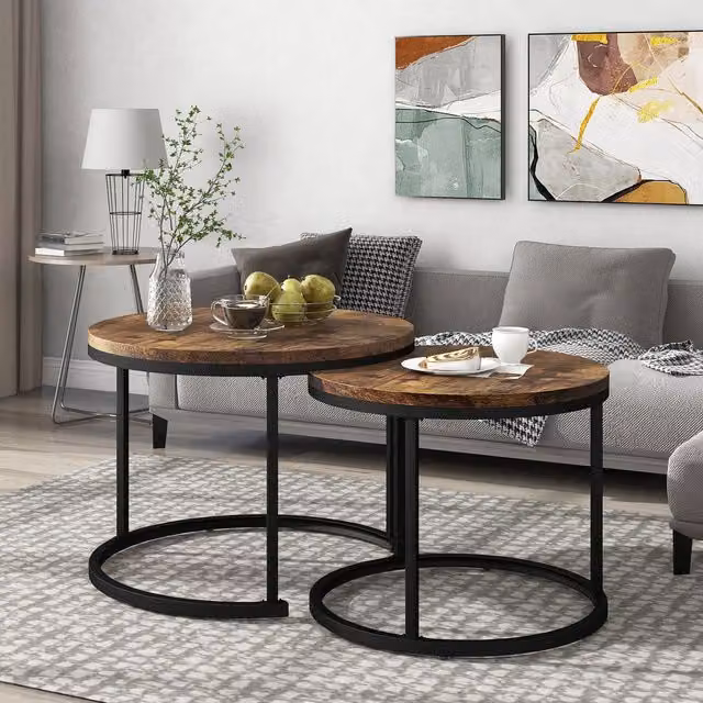 Set di 2 tavolini rotondi impilabili moderni con piano in MDF e struttura in acciaio, Marrone, L/P: 70,5 x 50 cm e L/P: 45,5 x 44 cm