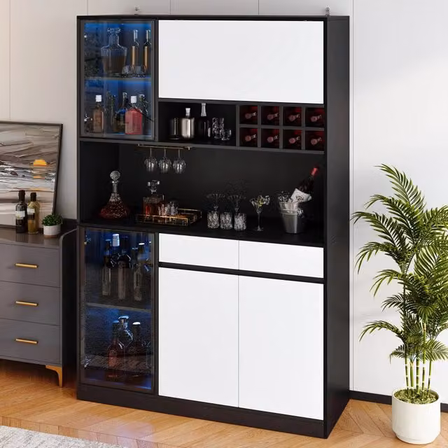 Vetrina Mivray moderna con ante in vetro, illuminazione LED e portabottiglie in MDF nero e bianco, L/P/H: 120 x 35 x 180 cm