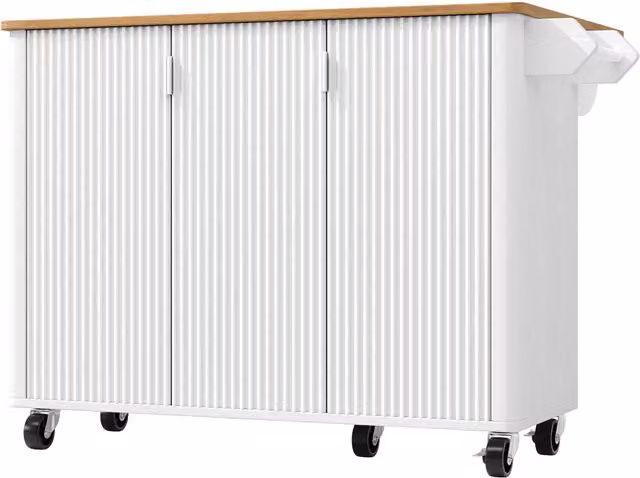 Isola da cucina mobile moderna con piano di lavoro pieghevole, 3 ante, portasciugamani e portaspezie, L: 130 cm, P: 45 cm, H: 92 cm, Bianco