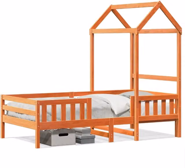 Letto singolo con struttura a casetta in legno massello di pino color marrone con finitura cerata L/P/H: 80 x 200 x 205,5 cm