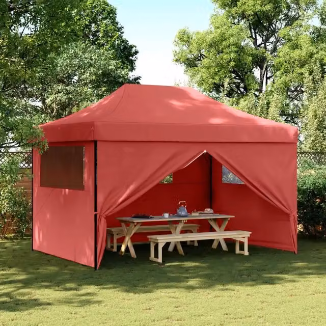 Tendone per feste pieghevole pop-up vidaXL con 4 pareti e finestre, rosso e nero, L/P/H: 410 x 315 x 279 cm