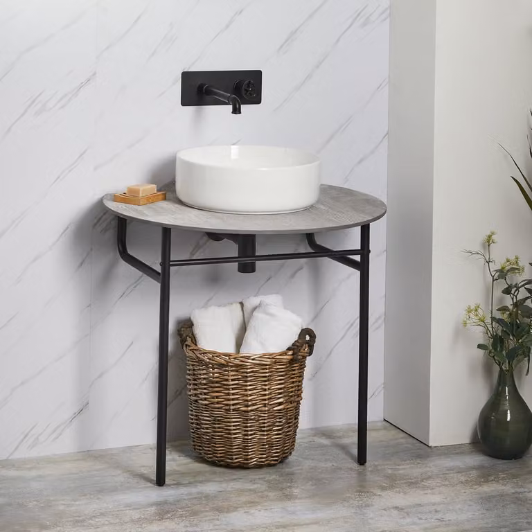 Consolle Nitido per bagno nera con lavabo rotondo da 395 mm e ripiano grigio pietra