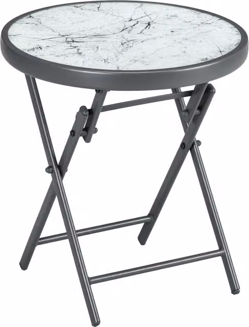Tavolino da caffè da giardino Outsunny con piano in vetro effetto marmo bianco e struttura in acciaio grigio, Ø45 cm