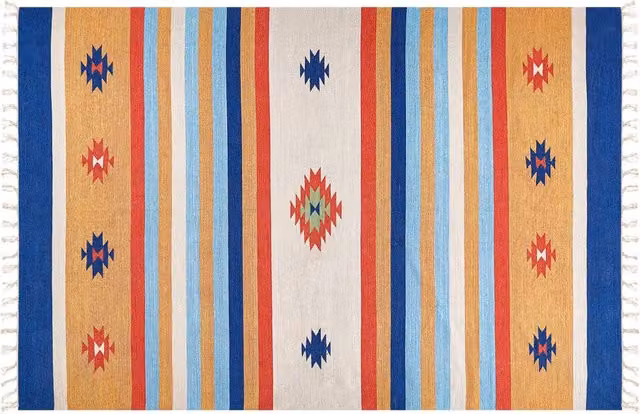 Tappeto Kilim Beliani in cotone intrecciato a mano con motivo geometrico boho, reversibile e con nappe, multicolore, L: 300 cm x P: 200 cm