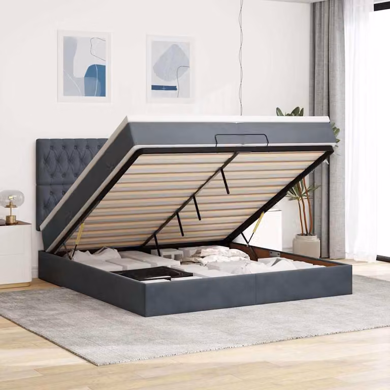 Letto con contenitore a sollevamento vidaXL in velluto grigio e bianco con illuminazione sottostante e porta USB, L/P/H: 200 x 200 x 128 cm