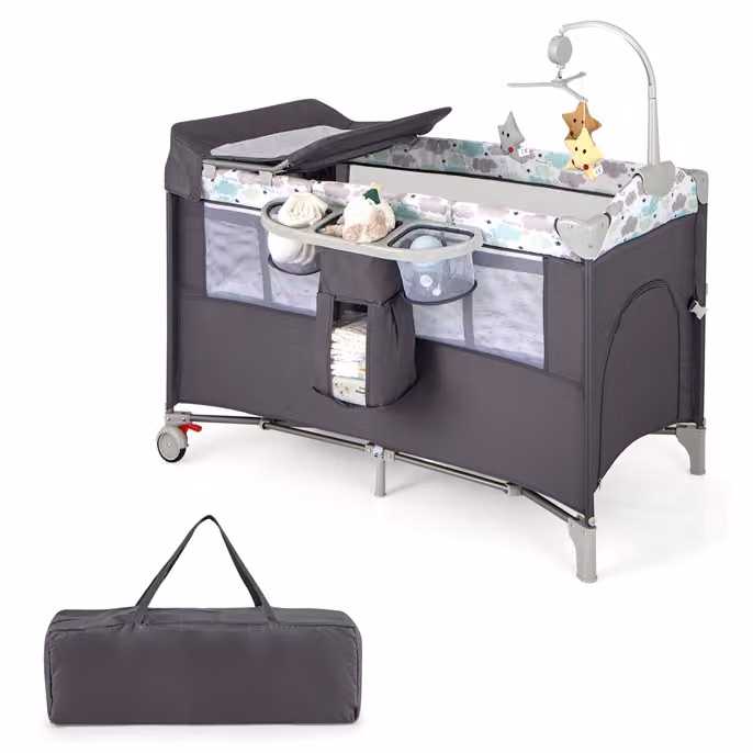 Costway Lettino per bambini 5 in 1 con materasso, fasciatoio, carillon e 3 giocattoli, Grigio scuro