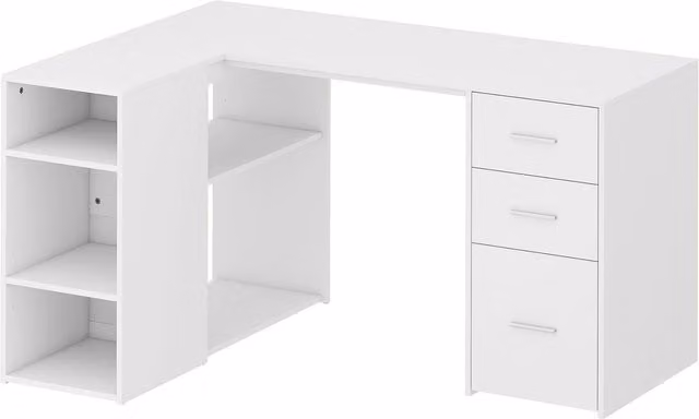 Scrivania angolare a L HOMCOM con 3 cassetti, 5 scomparti e ripiani regolabili, L/P/H: 140 x 100 x 75 cm, bianco