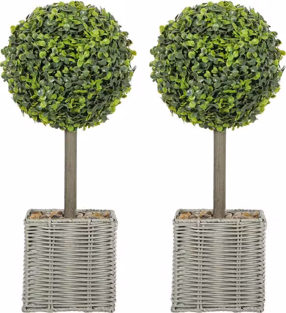 Set da 2 Piante Artificiali Decorative HOMCOM, Sfere di Bosso Verde con Vaso in Plastica Intrecciata e Ciottoli, Altezza: 50 cm