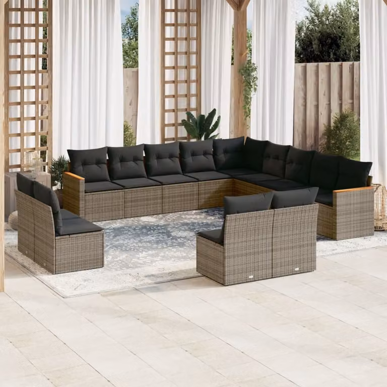 vidaXL Set di Divani da Giardino a L 13 pz in Polyrattan Grigio con Cuscini e Copertura Inclusa