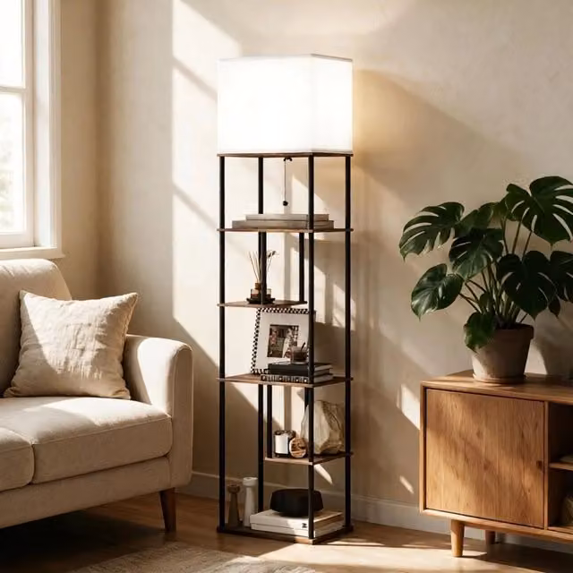 Lampada da terra con 5 ripiani beige e nero, dimmerabile con telecomando e timer, H 171 x L 40 x P 29 cm