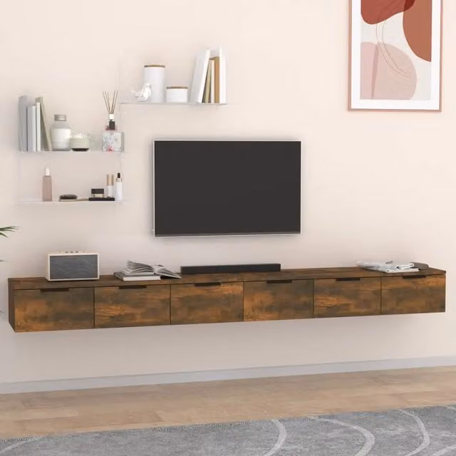 Set di 2 Mobili a Muro vidaXL in Legno Multistrato, Colore Rovere Fumo, L 102 cm x P 30 cm x H 20 cm