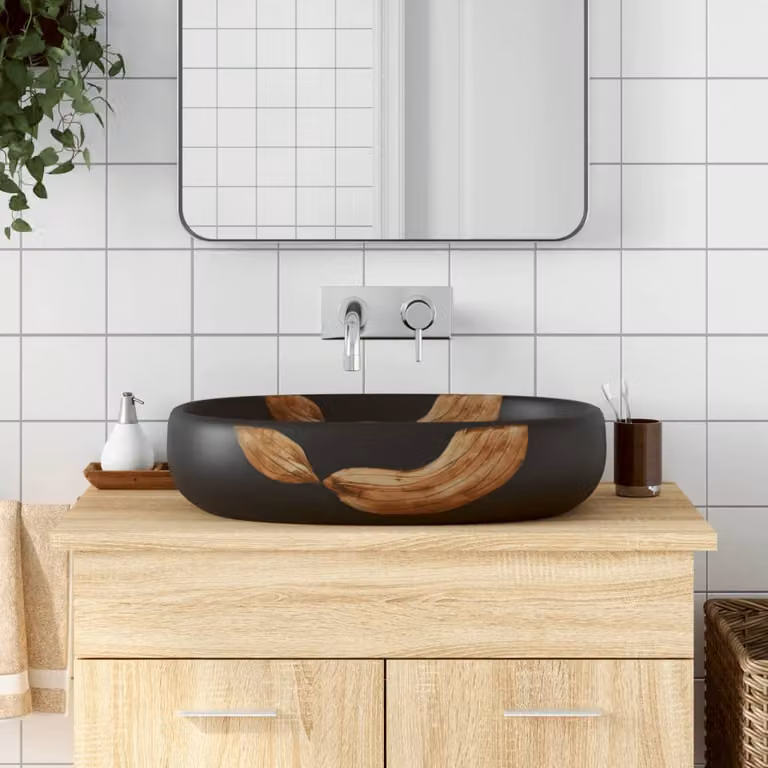 Lavabo da appoggio ovale vidaXL in ceramica nera L: 59 cm, P: 40 cm, H: 14 cm