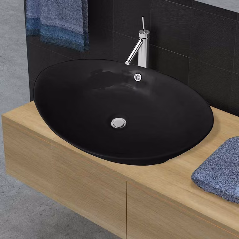 Lavello Ovale da Appoggio in Ceramica Nero con Troppopieno vidaXL L: 59 cm, P: 38,5 cm