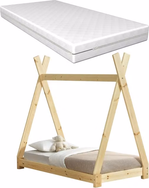 Letto per bambini neu.haus in legno di pino con materasso in schiuma fredda e fodera rimovibile Öko-Tex Standard 100 L/P/H: 140 x 70 x 76 cm