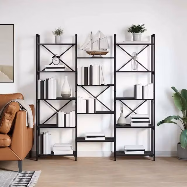 Libreria a scaffali in stile industrial vidaXL in legno e metallo nero per soggiorno o ufficio, L: 156 cm, P: 25 cm, H: 167 cm
