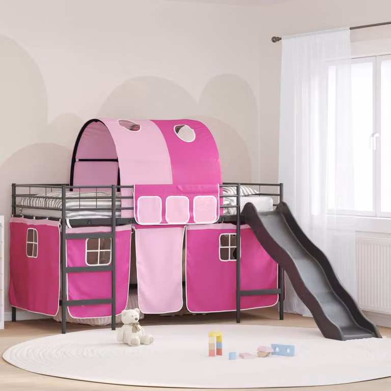 vidaXL Letto a castello per bambini con struttura a casetta e scala, Nero e rosa, L: 205 cm, P: 112 cm, H: 116 cm