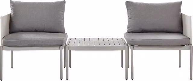 Set da giardino Beliani composto da divano 2 posti e tavolino da caffè in alluminio verniciato a polvere, colore grigio e bianco con cuscini inclusi