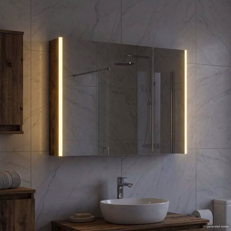 Mobiletto per specchio da bagno vidaXL moderno in rovere fumé con illuminazione LED e specchio integrato, L/P/H: 70,0 x 15,5 x 103,5 cm
